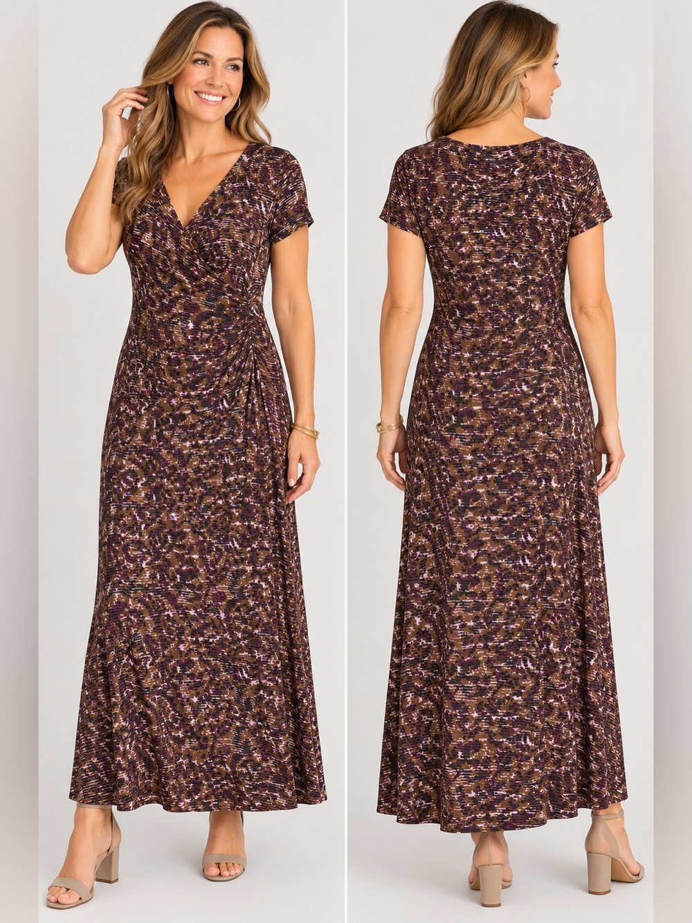 Soft Surroundings Petite Large Brown Purple Ruched Wrap Style Maxi Dress